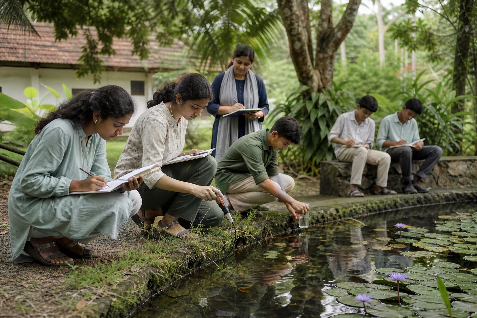 Students record observations during water field study on a shaded campus