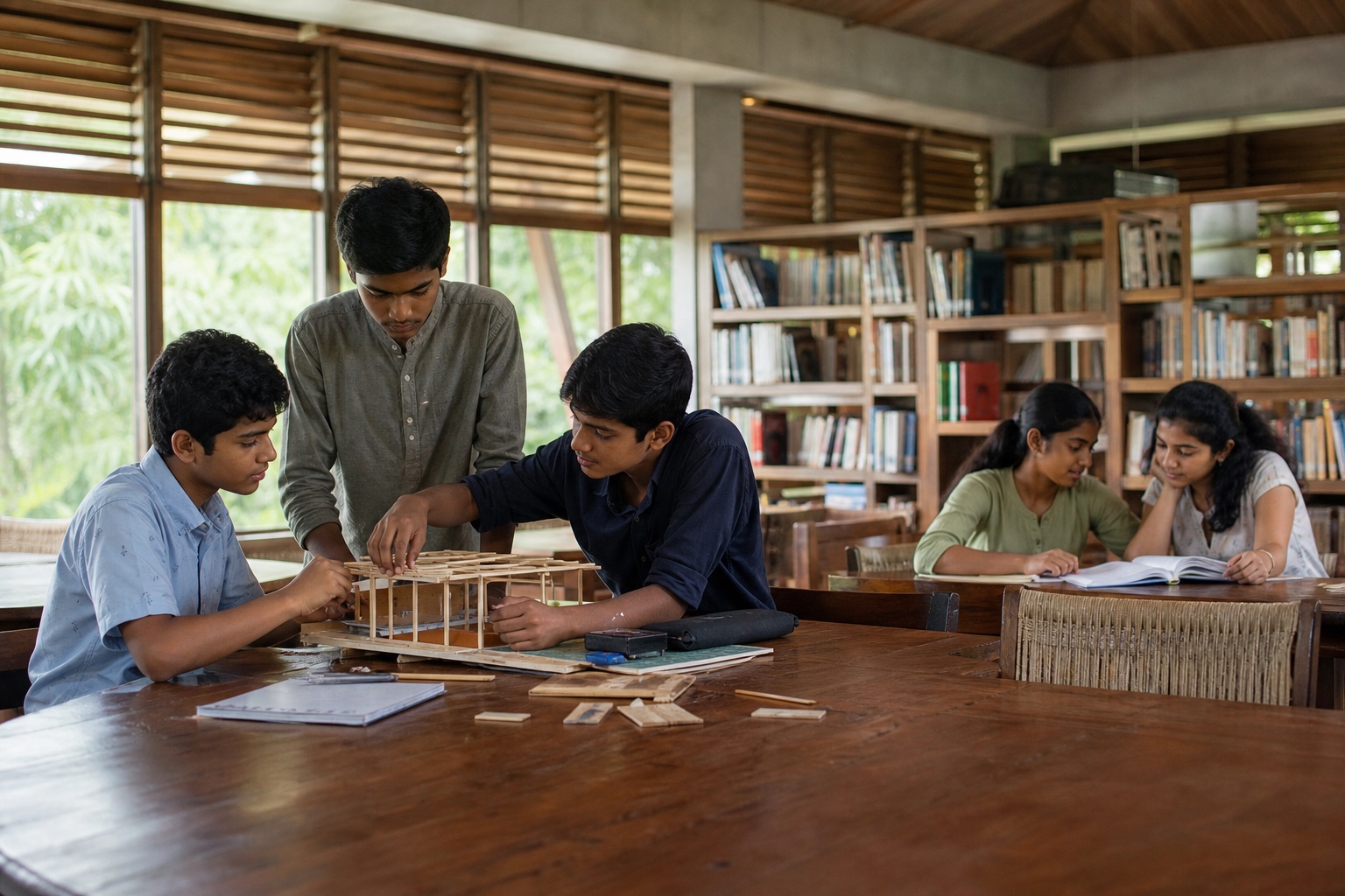 Students build a model and study together in a timber library and maker space