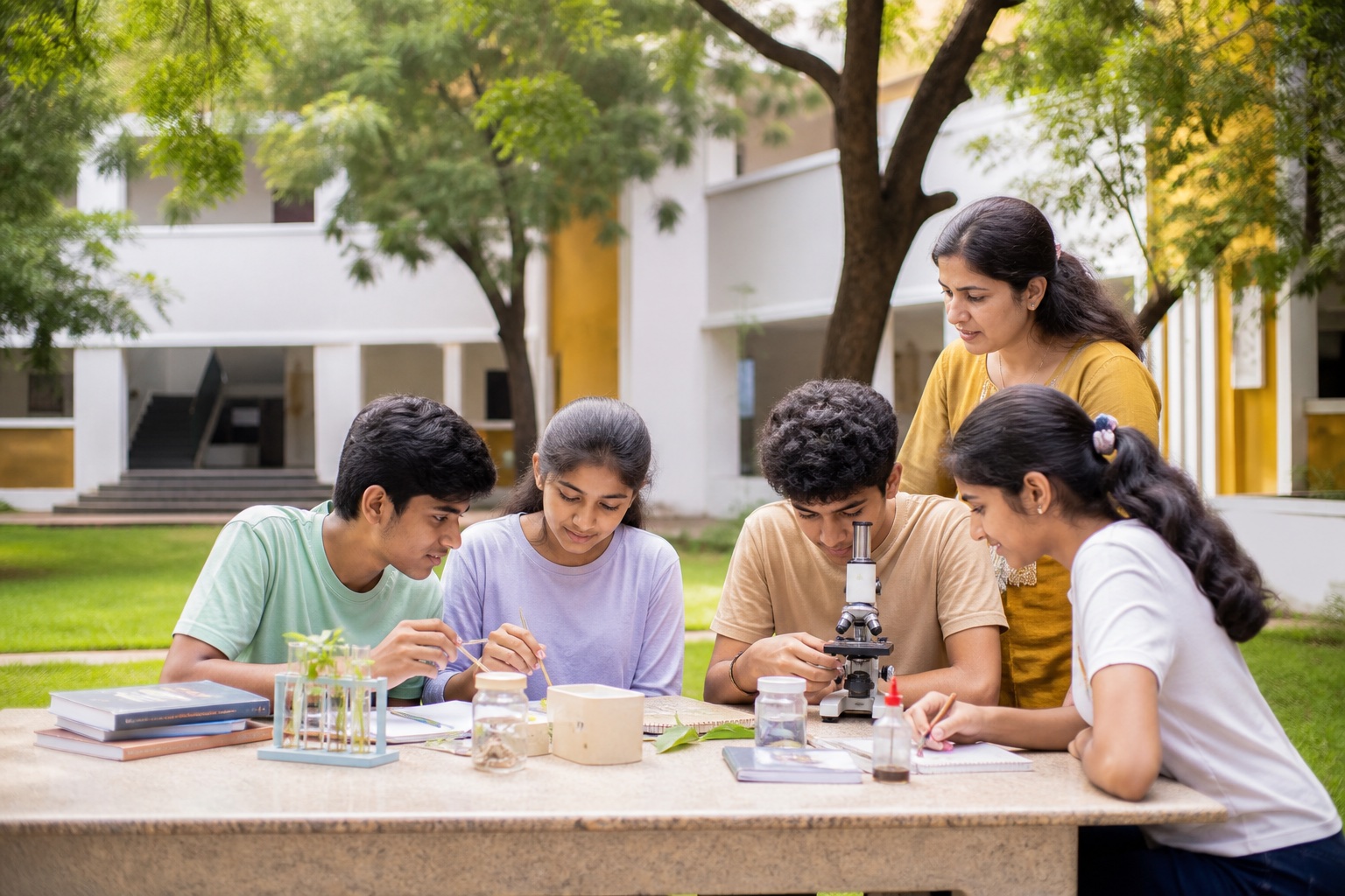 Students and a teacher work together at an outdoor science table