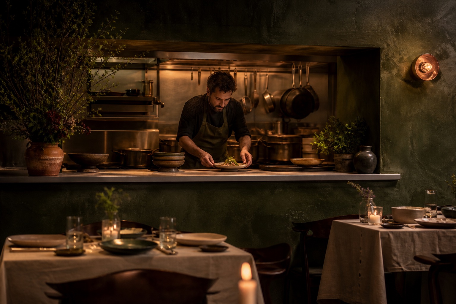 A chef finishes a dish in a warm open kitchen