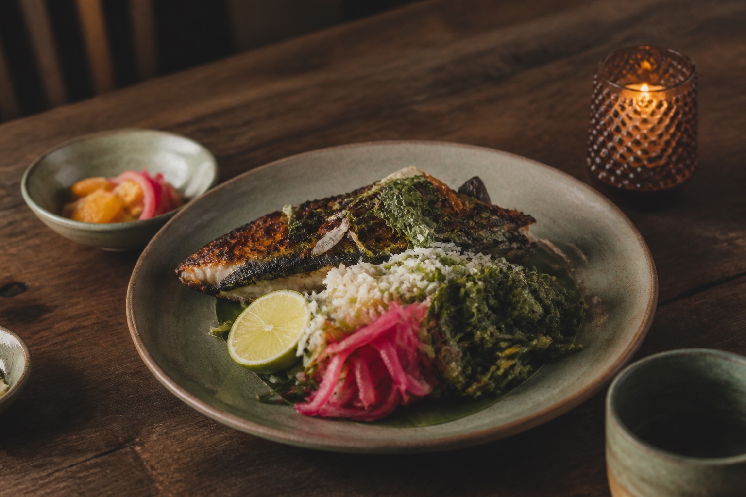Charred coastal fish with coconut, greens, and pickled vegetables
