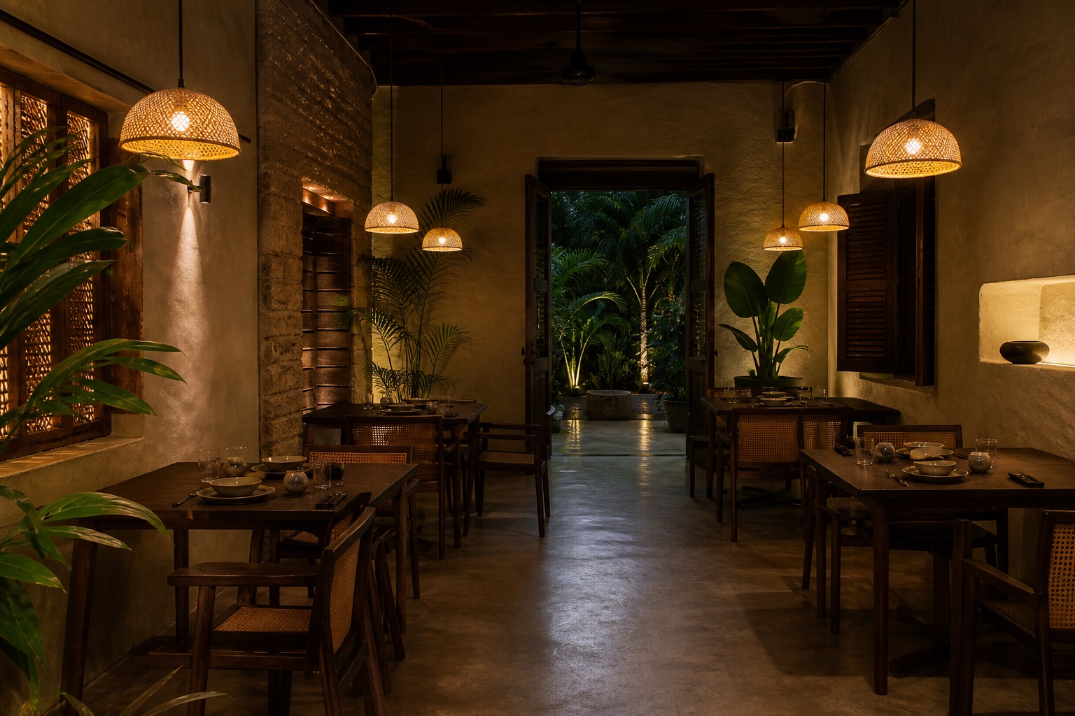 An intimate dining room with timber tables, cane lights, and a garden doorway