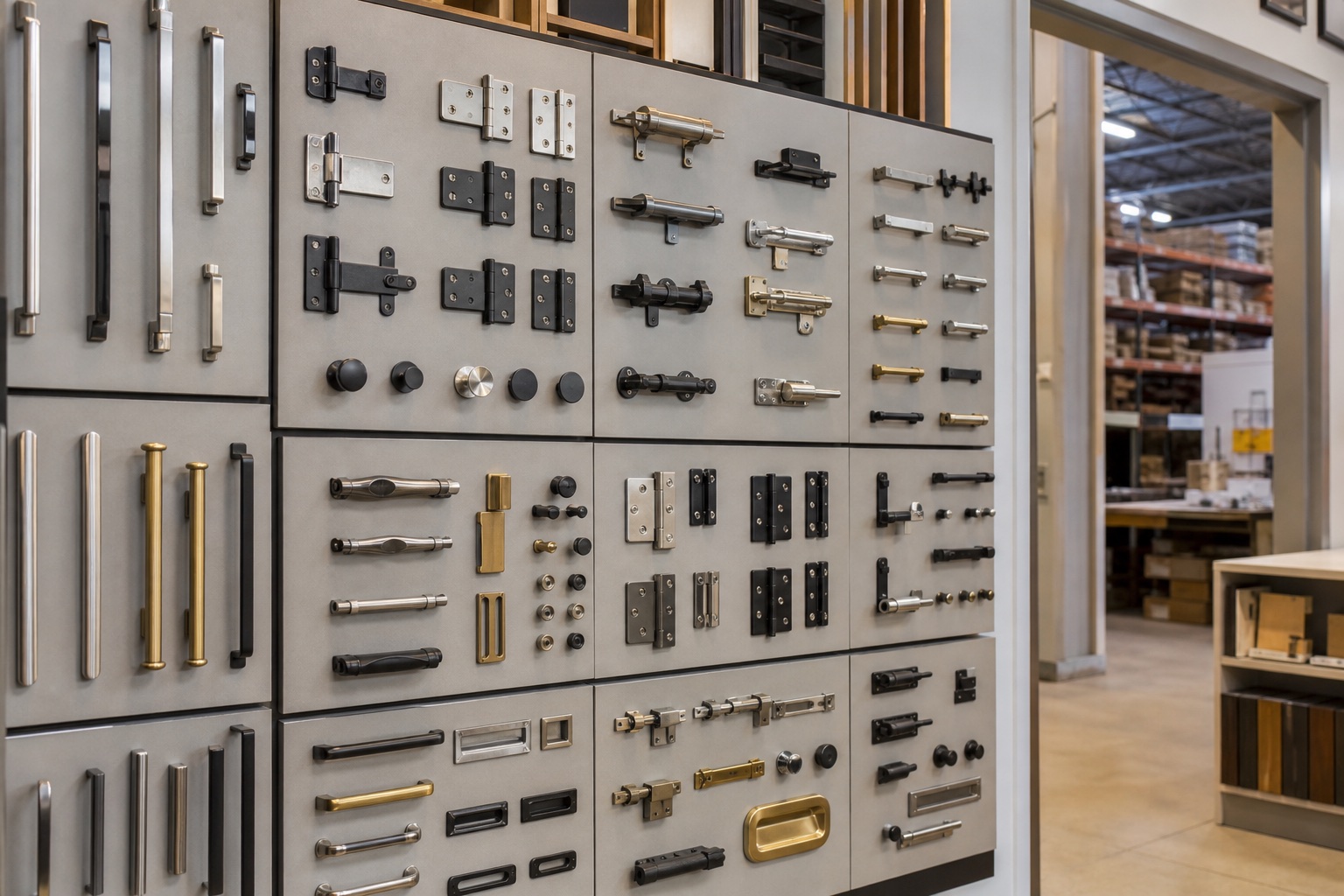 Cabinet and door hardware samples on display boards