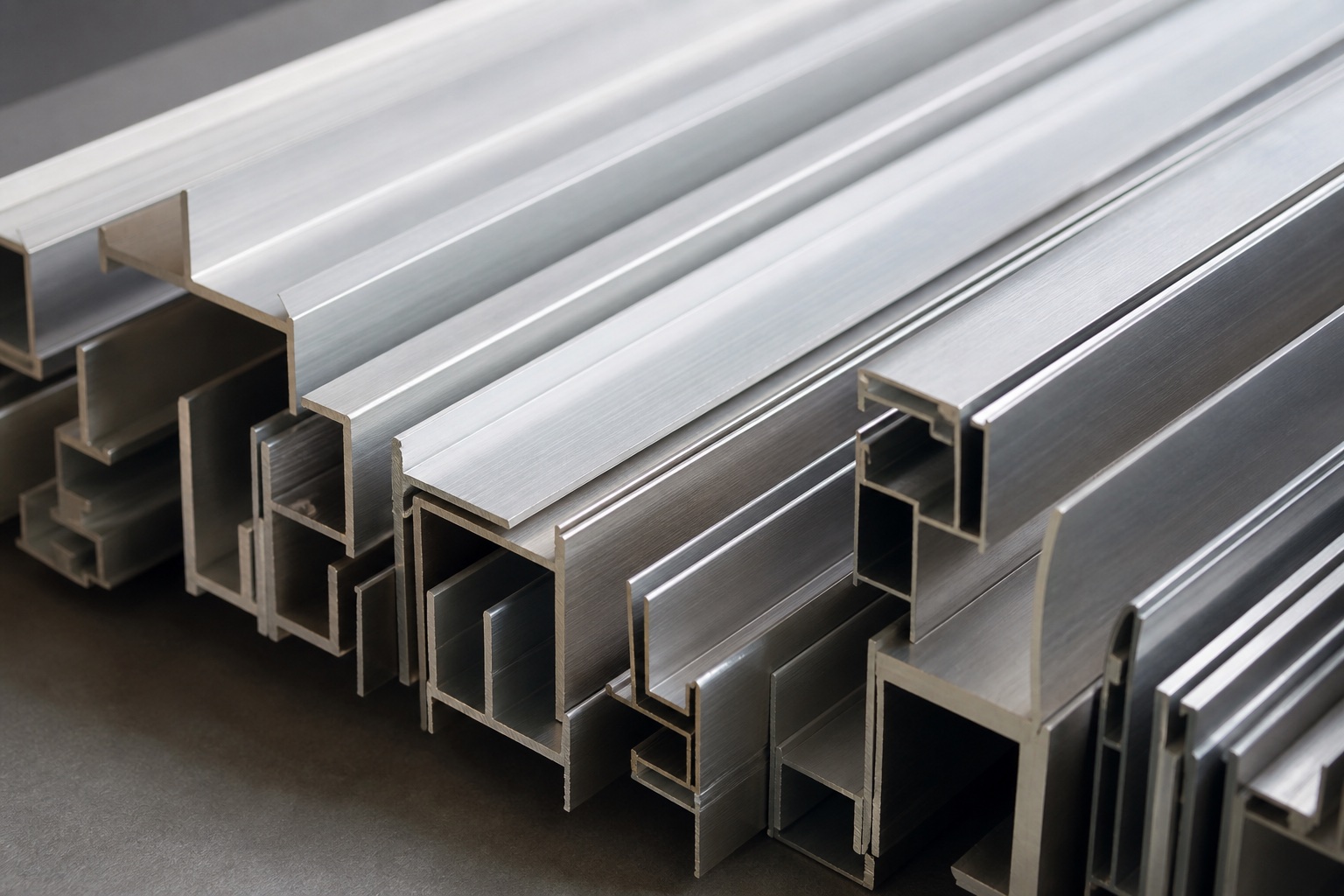 Close view of stacked aluminium profile sections