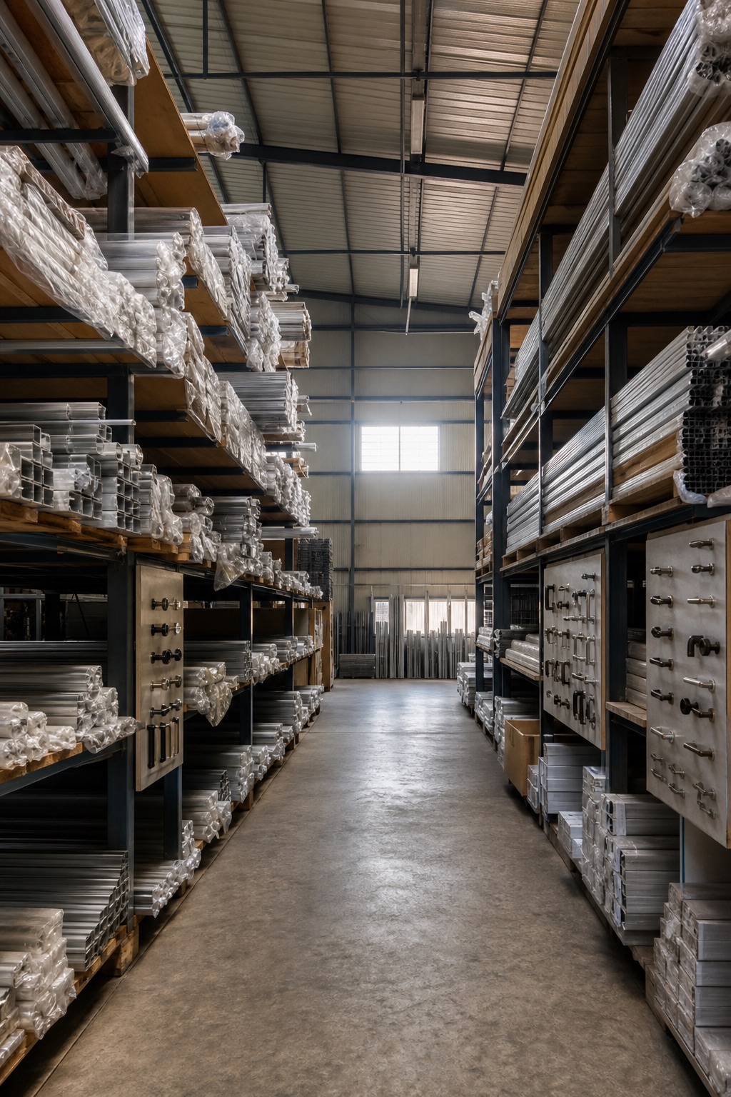 An aisle in an aluminium profile and hardware warehouse